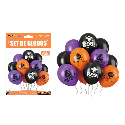 Set de globos de látex Halloween estampados Boo y calabaza 12pcs