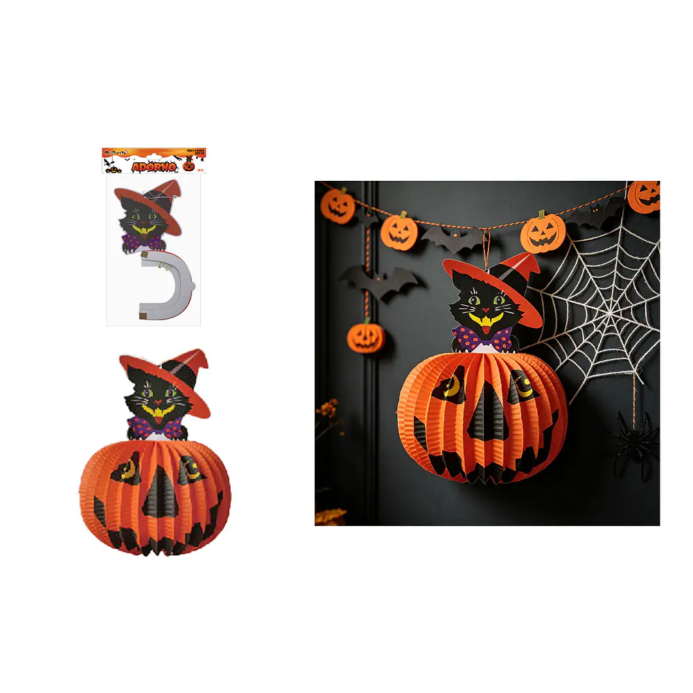 Adorno colgante Halloween calabaza con gato negro 25cm