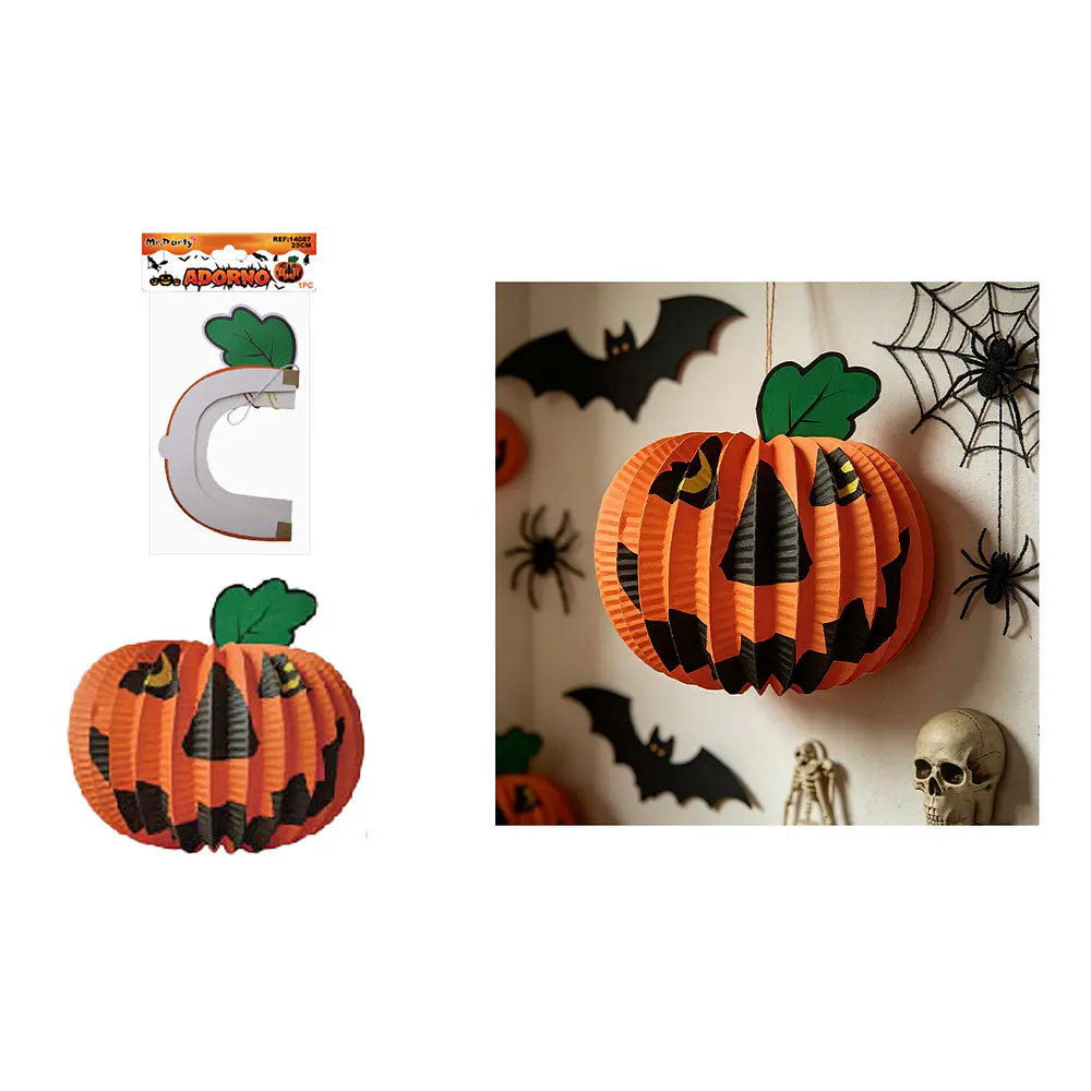 Adorno colgante Halloween calabaza con hoja verde 25cm