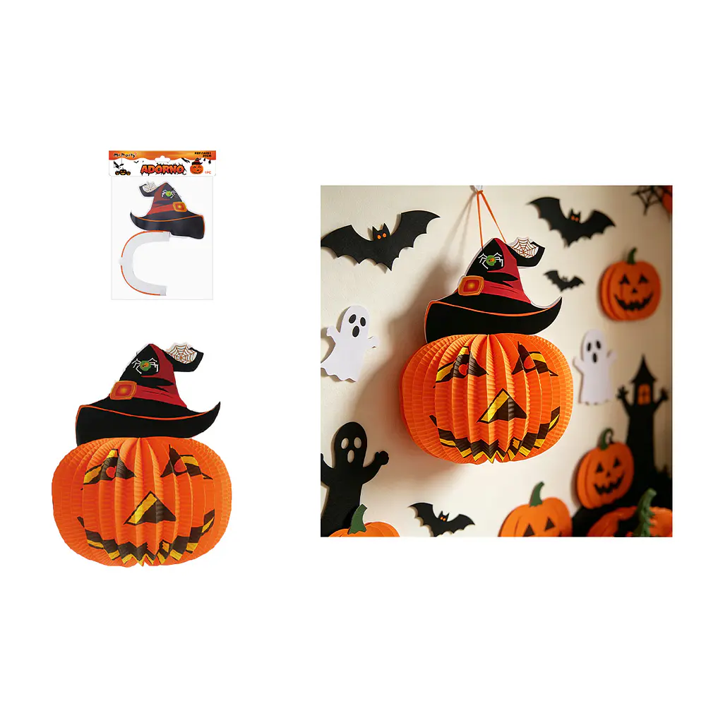 Adorno colgante Halloween calabaza con sombrero negro y rojo 25cm