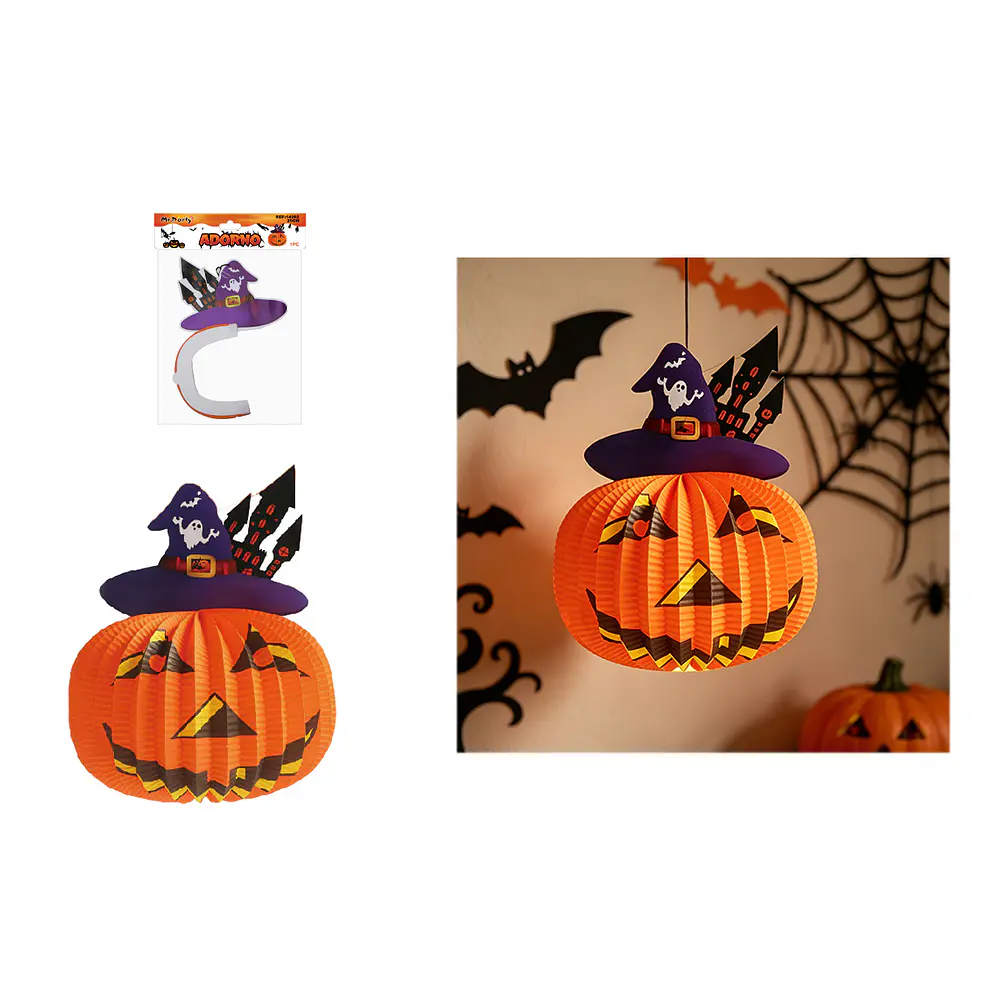 Adorno colgante Halloween calabaza con sombrero y castillo 25cm