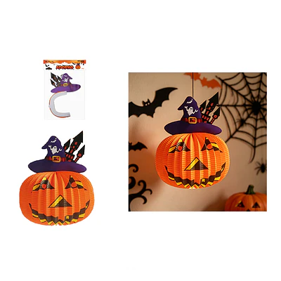 Adorno colgante Halloween calabaza con sombrero y castillo 25cm