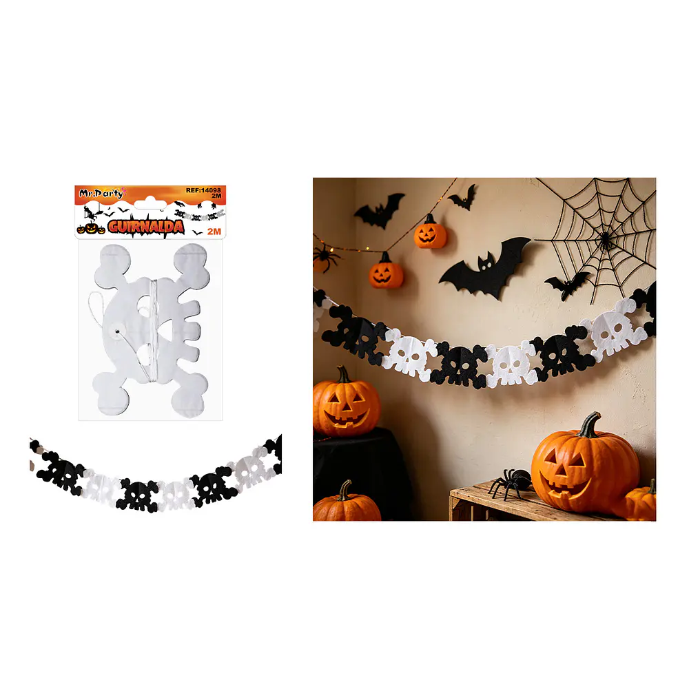 Guirnalda Halloween calavera con huesos 2m