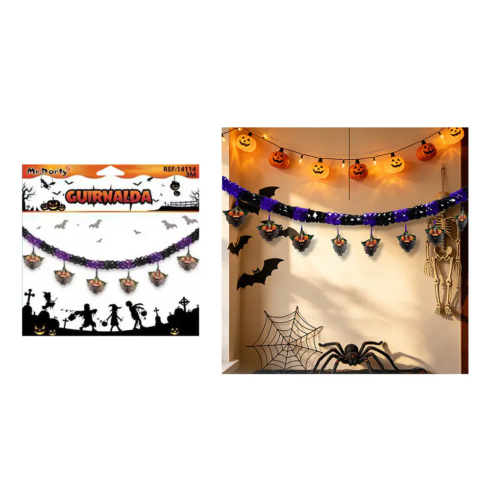 Guirnalda Halloween murciélagos morado y negro 3m
