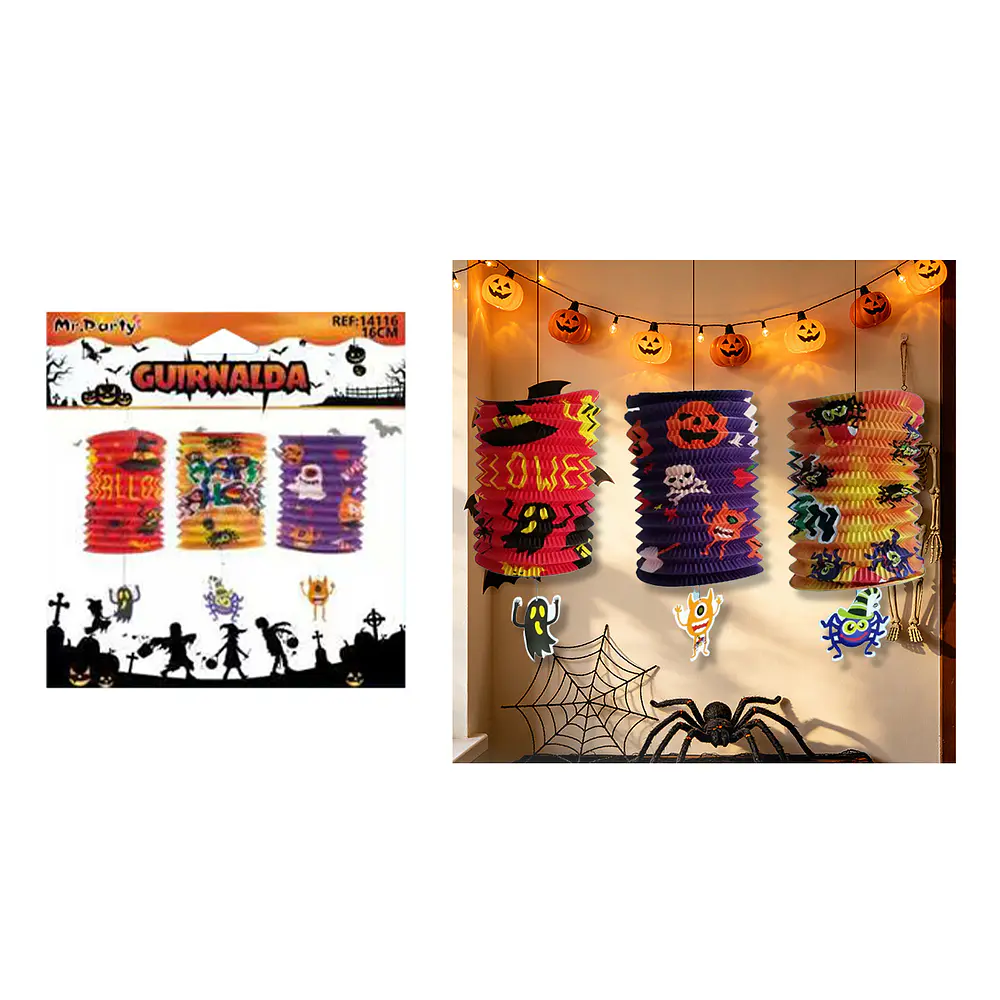 Farol de papel Halloween cilíndrico Diseño Aleatorio 16cm