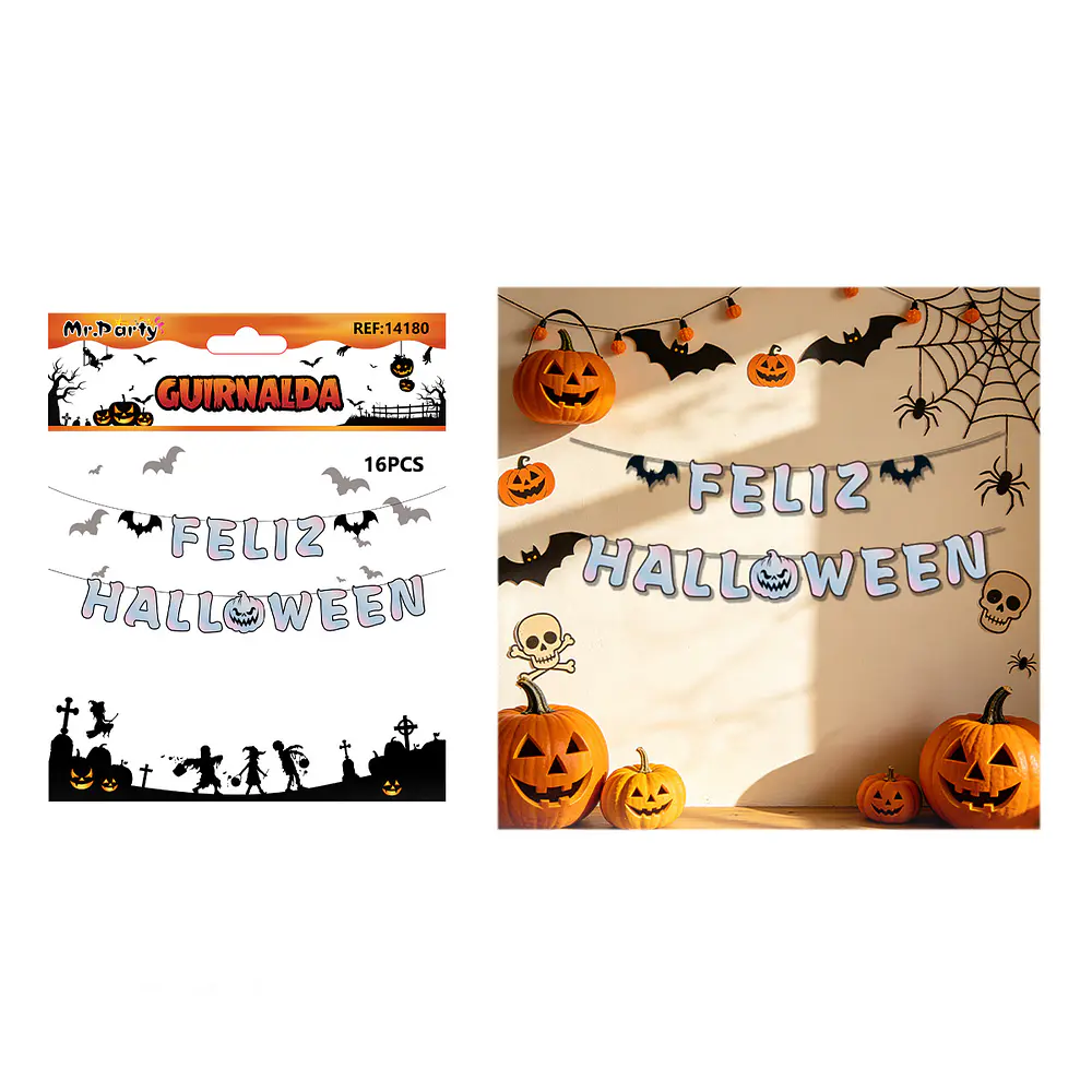 Guirnalda Halloween Feliz Halloween letras blancas 16pcs