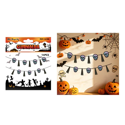 Guirnalda Halloween calaveras con flecos negros 14pcs