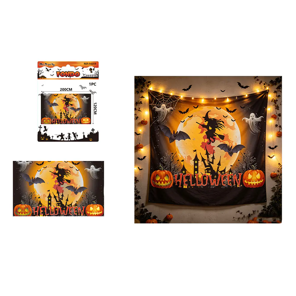 Fondo decorativo de pared Halloween bruja y luna llena 200*120cm