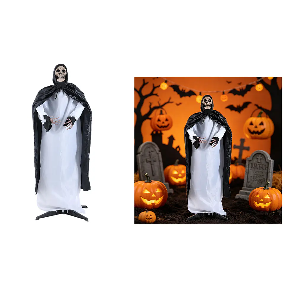 Figura decorativa Halloween esqueleto de pie con capa negra 80*155cm