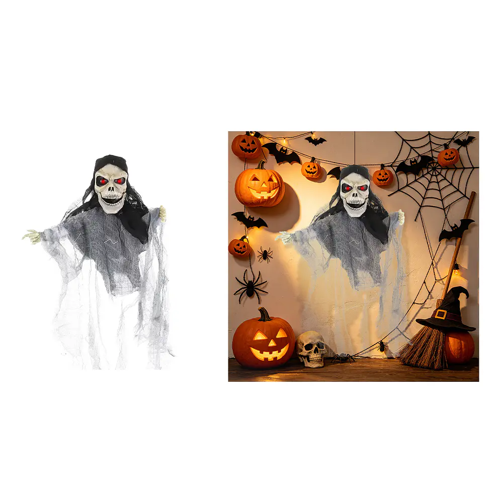 Adorno colgante Halloween esqueleto flotante con túnica gris y ojos rojos 46*64cm