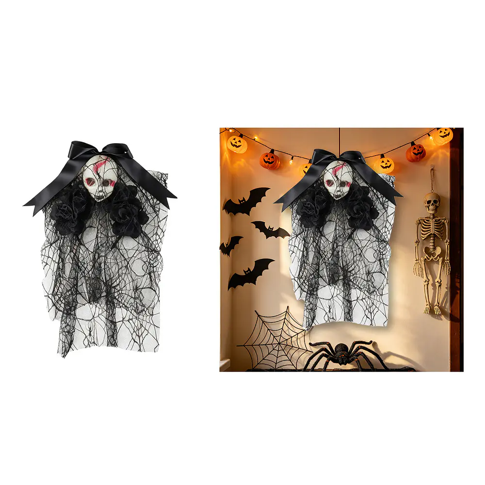 Adorno colgante Halloween calavera con lazo y rosas negras 23*46cm