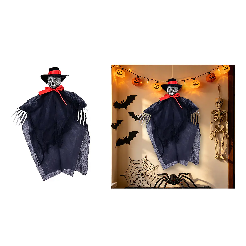 Adorno colgante Halloween esqueleto con sombrero y lazo rojo 33*37cm