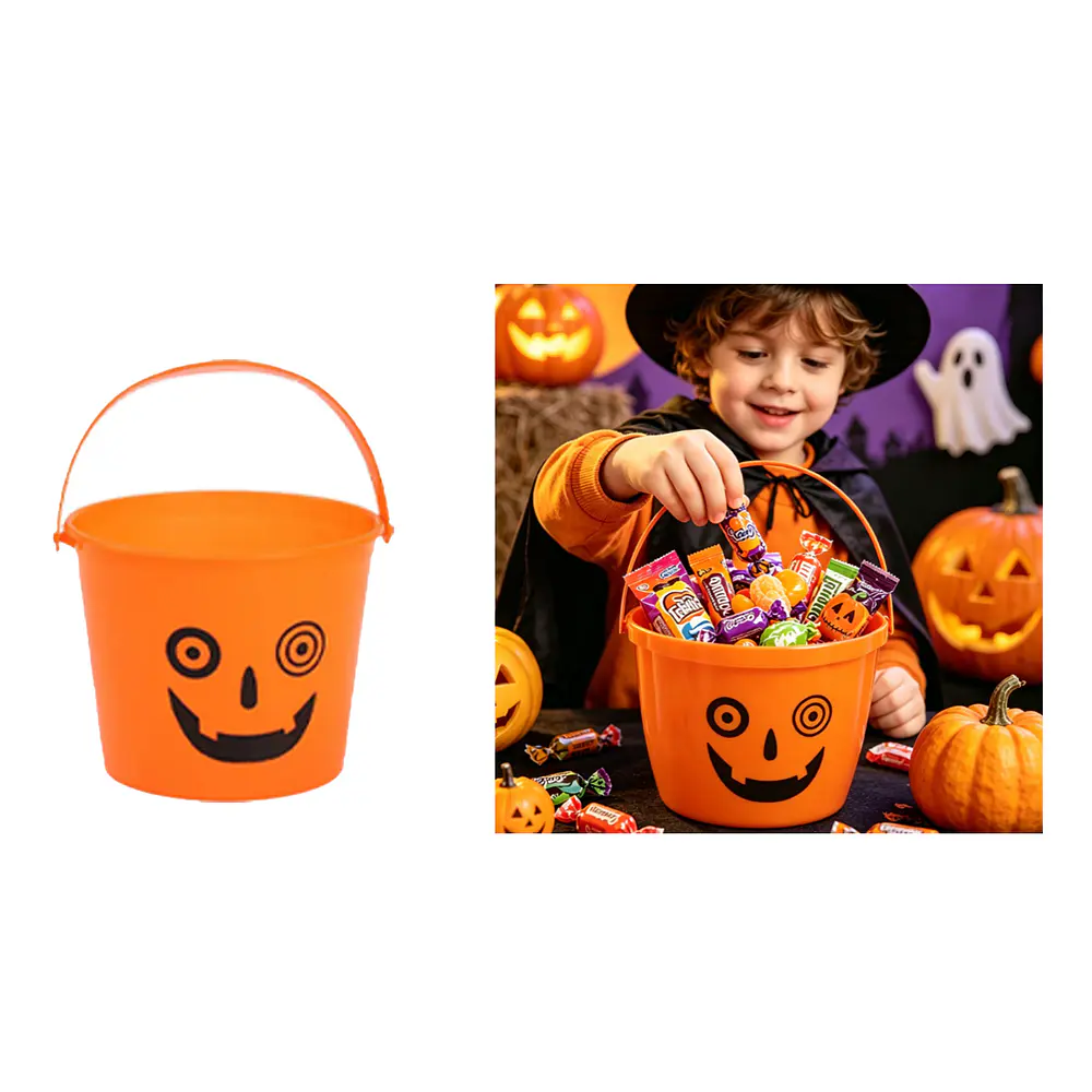 Balde plástico para dulces Halloween calabaza ojos locos naranja 22*16.5cm