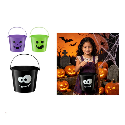 Balde plástico para dulces Halloween caritas terroríficas 15*13cm Diseño Aleatorio