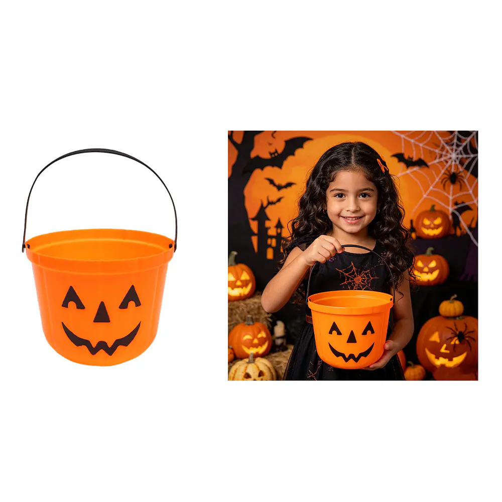 Balde plástico para dulces Halloween calabaza naranja 19*15cm