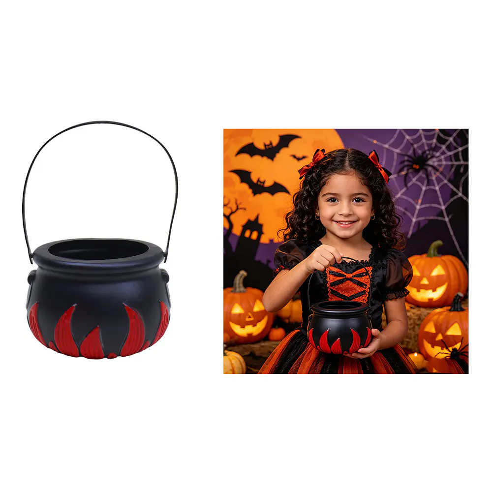 Caldero plástico para dulces Halloween negro con llamas rojas 14*10cm