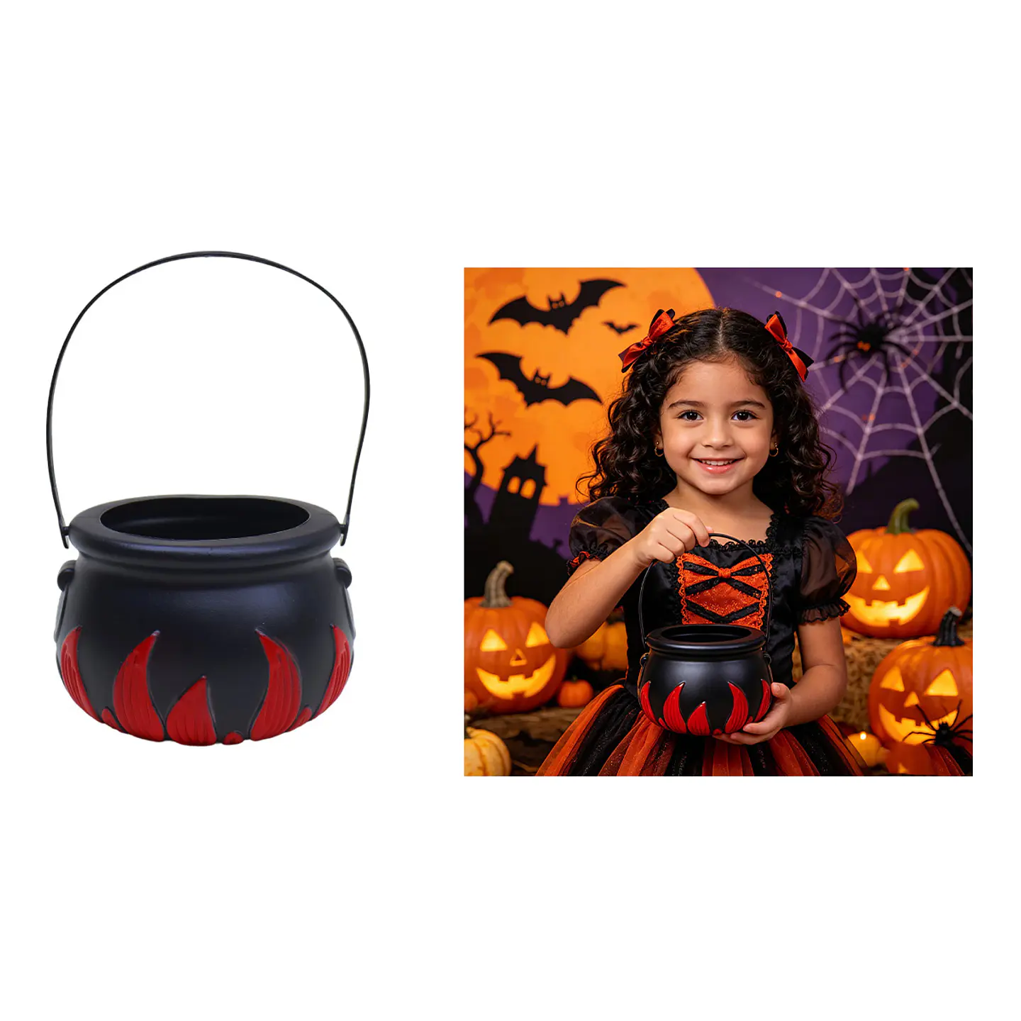 Caldero plástico para dulces Halloween negro con llamas rojas 14*10cm 1