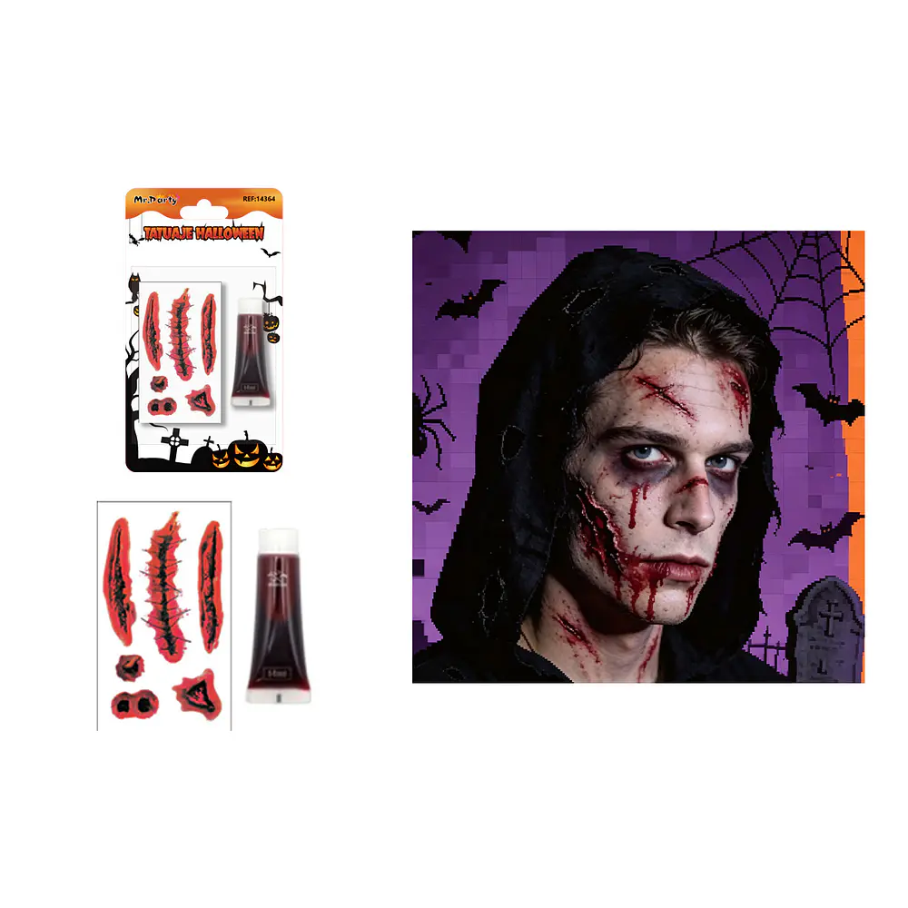 Set de maquillaje Halloween tatuajes de cicatrices con sangre falsa