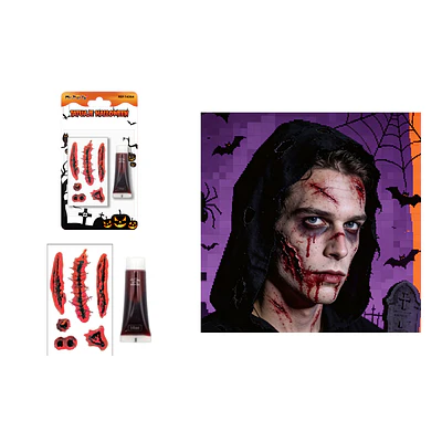 Set de maquillaje Halloween tatuajes de cicatrices con sangre falsa