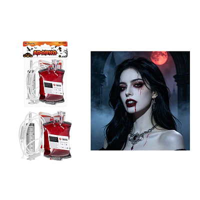 Bolsa de sangre falsa con jeringa y manguera para disfraz Halloween