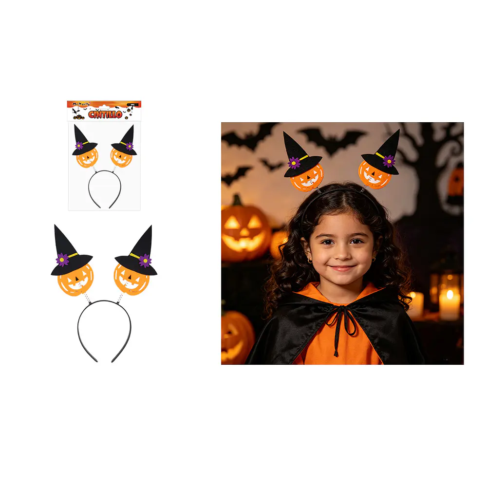 Cintillo con resortes Halloween calabazas con sombrero de bruja 29*32cm