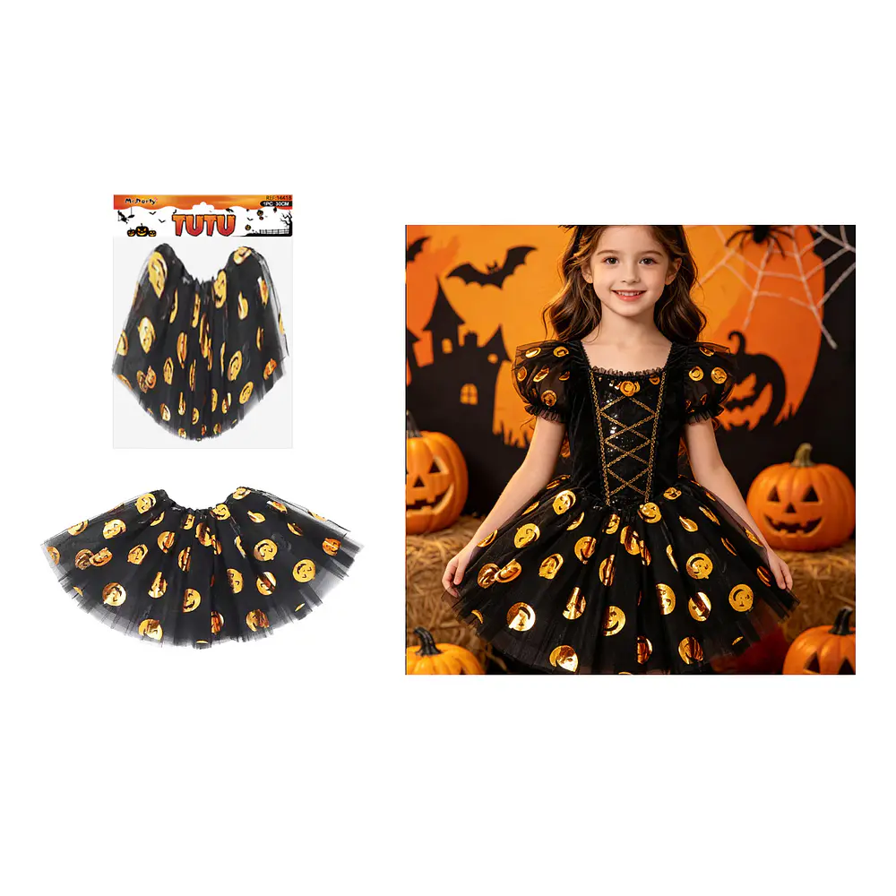 Falda tutú Halloween estampado de calabazas doradas 30cm