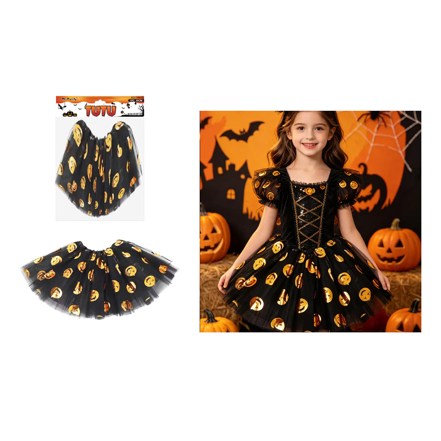 Falda tutú Halloween estampado de calabazas doradas 30cm 1