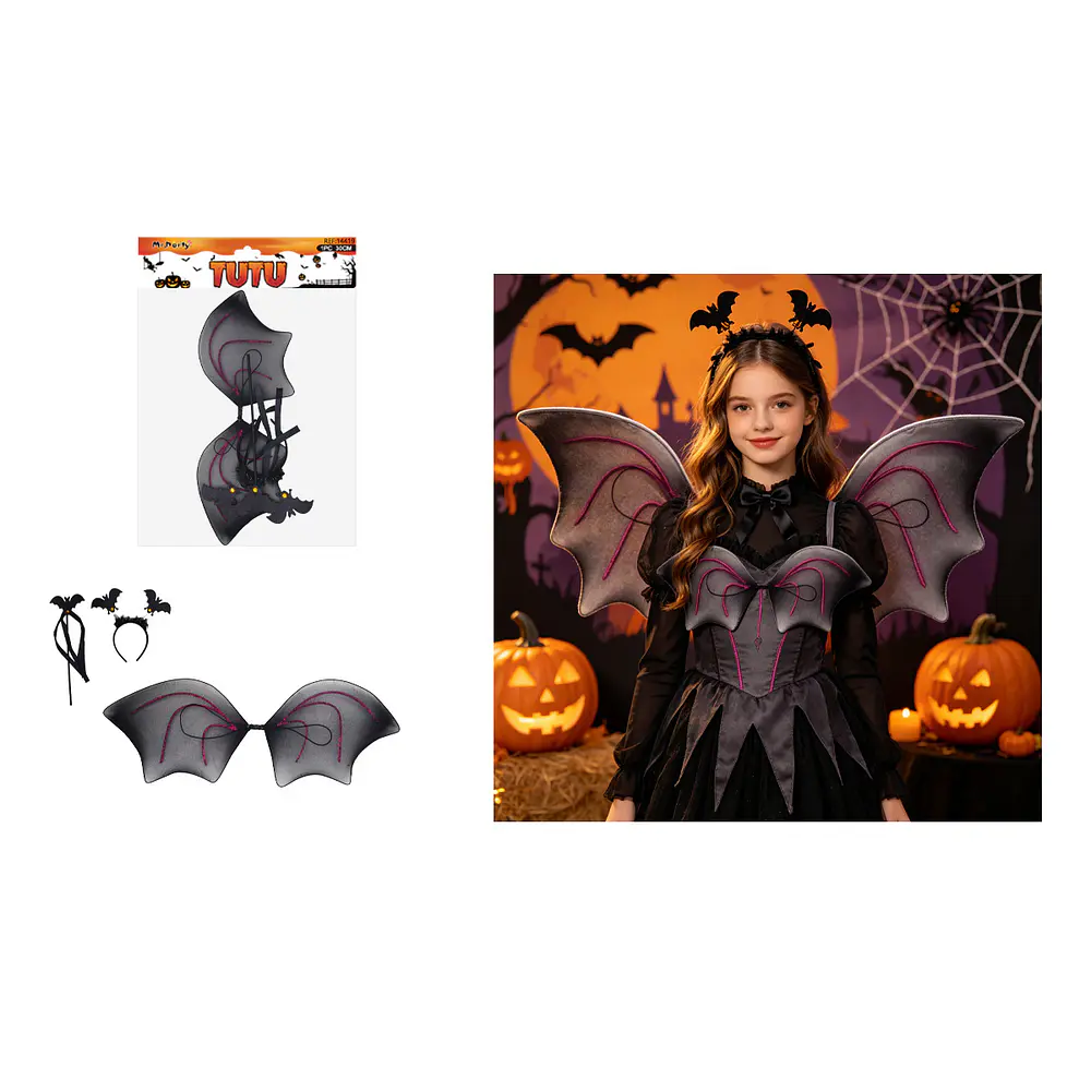 Set de disfraz murciélago con alas, varita y cintillo 3pcs