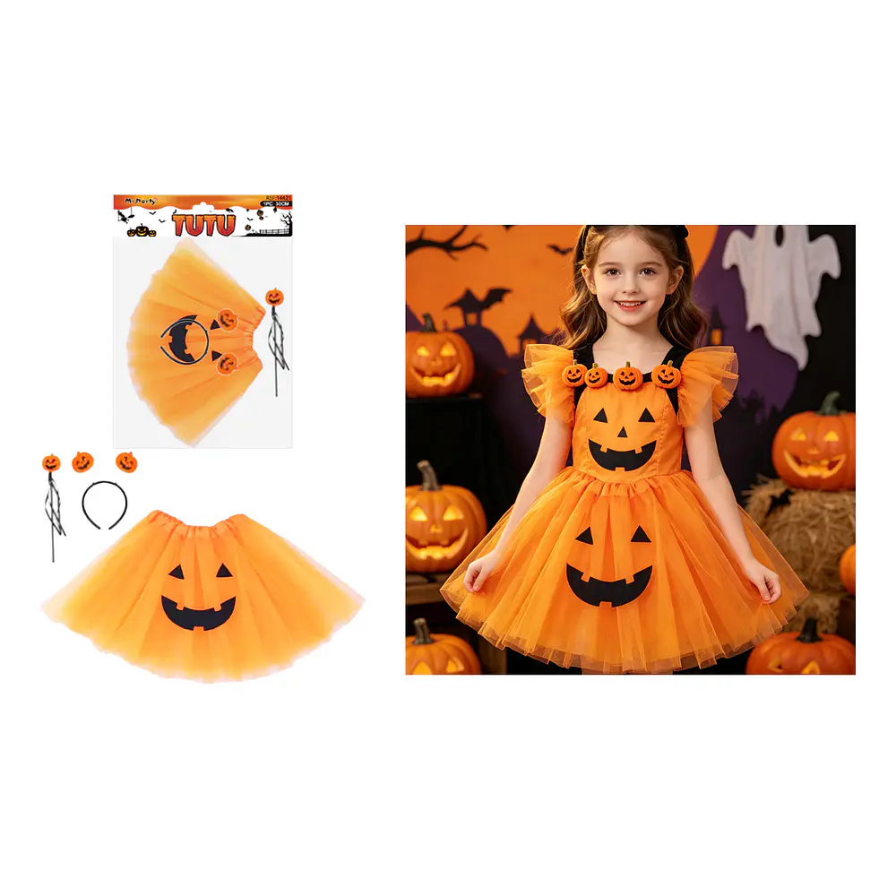 Set de disfraz calabaza con tutú, cintillo y varita 3pcs
