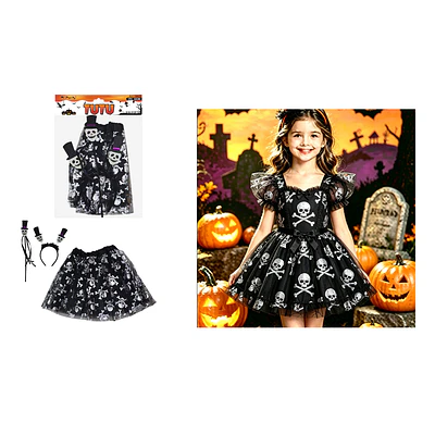 Set de disfraz calavera con tutú, cintillo y varita 3pcs