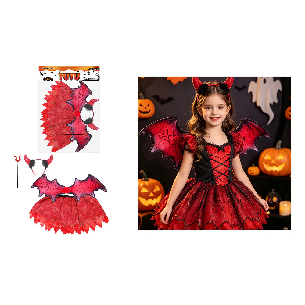 Set de disfraz diablita con tutú, alas, cintillo y varita 4pcs