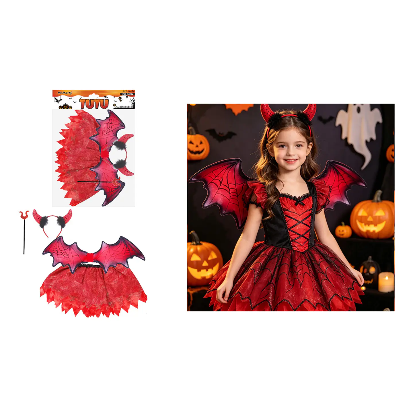 Set de disfraz diablita con tutú, alas, cintillo y varita 4pcs 1
