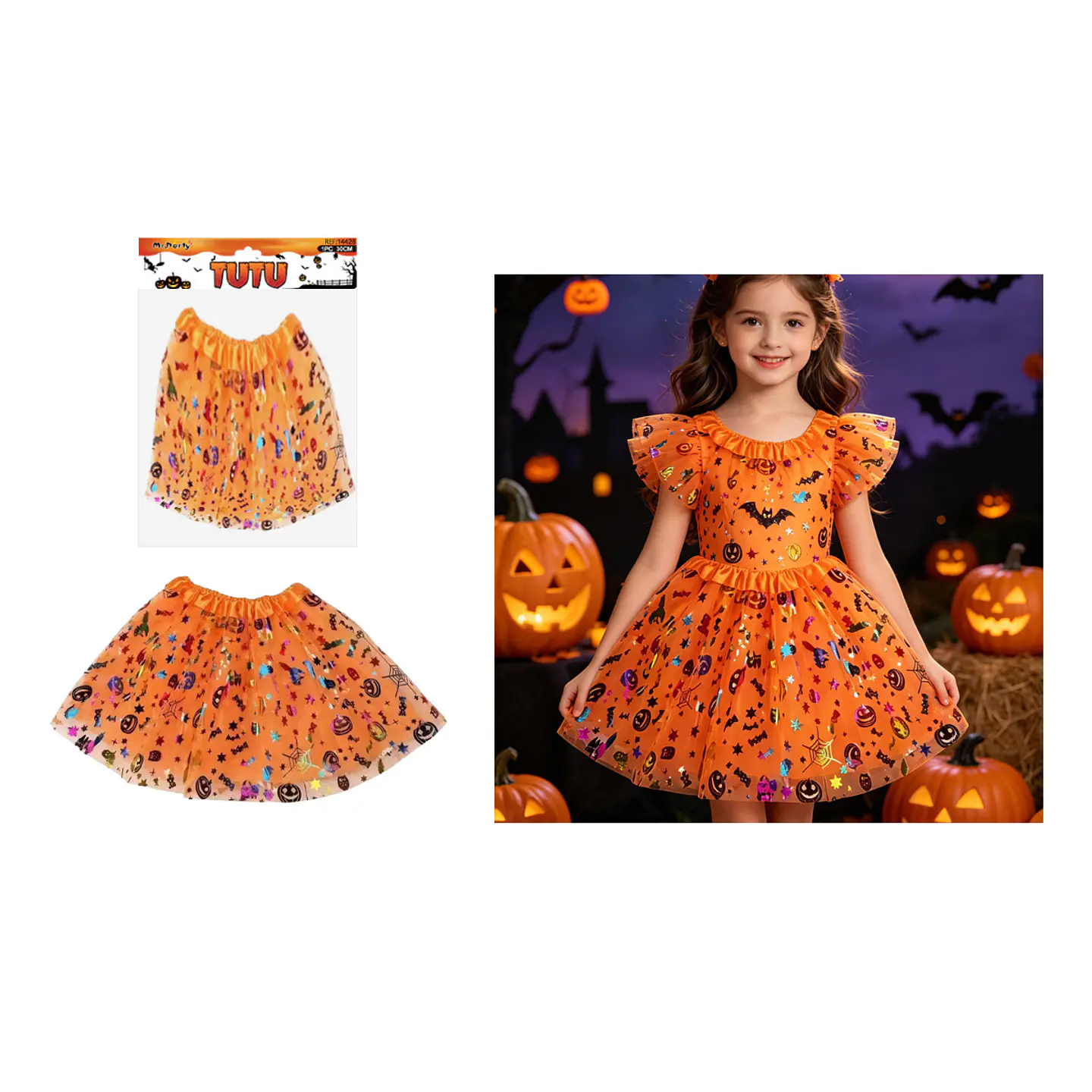 Falda tutú para niña Halloween naranja brillante 30cm 1