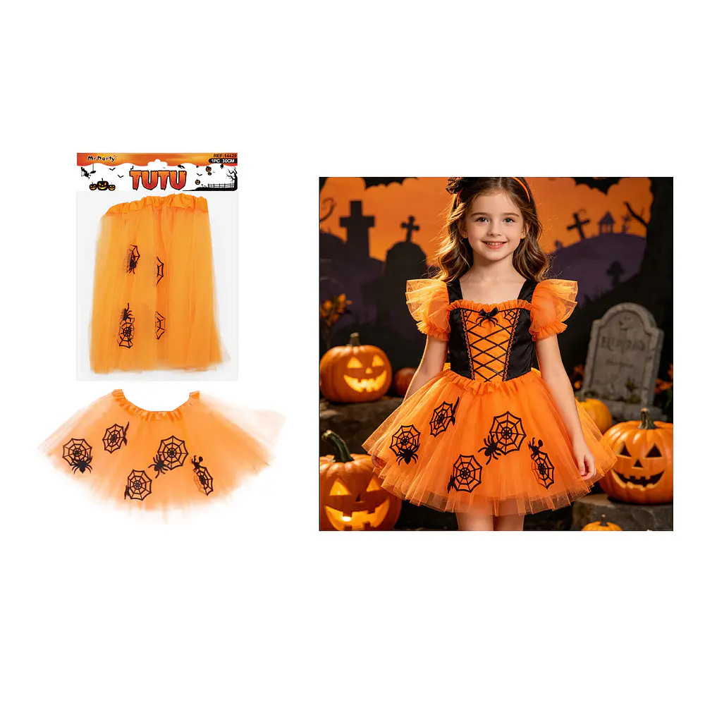 Falda tutú Halloween tul naranja con arañas negras 30cm