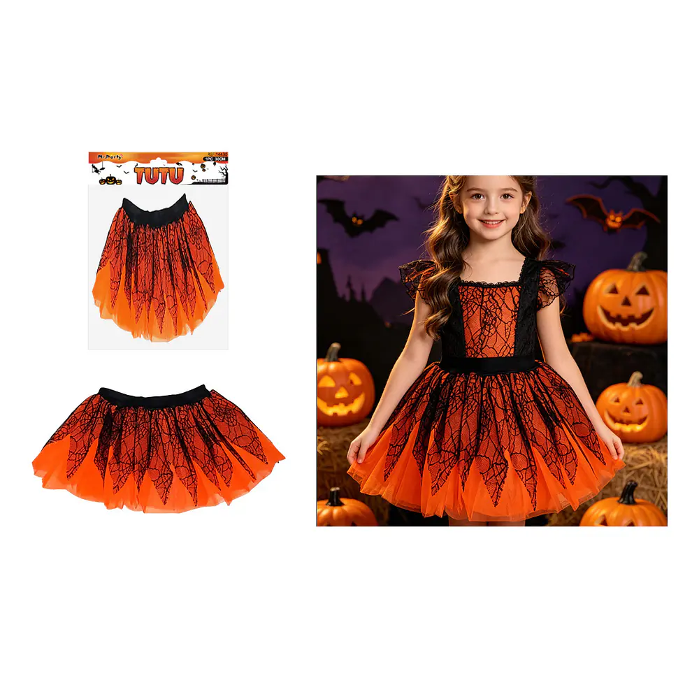 Falda tutú Halloween encaje de telaraña negra y naranja 30cm