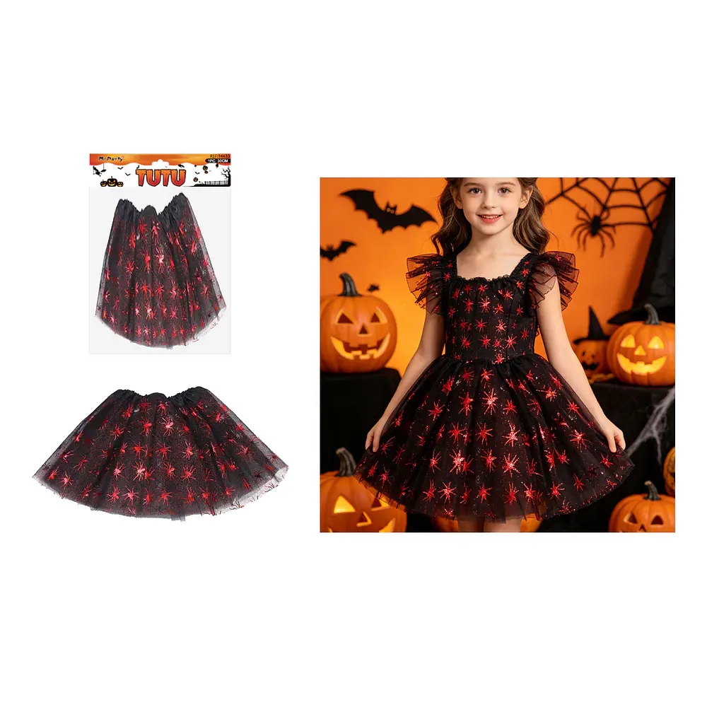 Falda tutú Halloween tul negro con destellos rojos 30cm