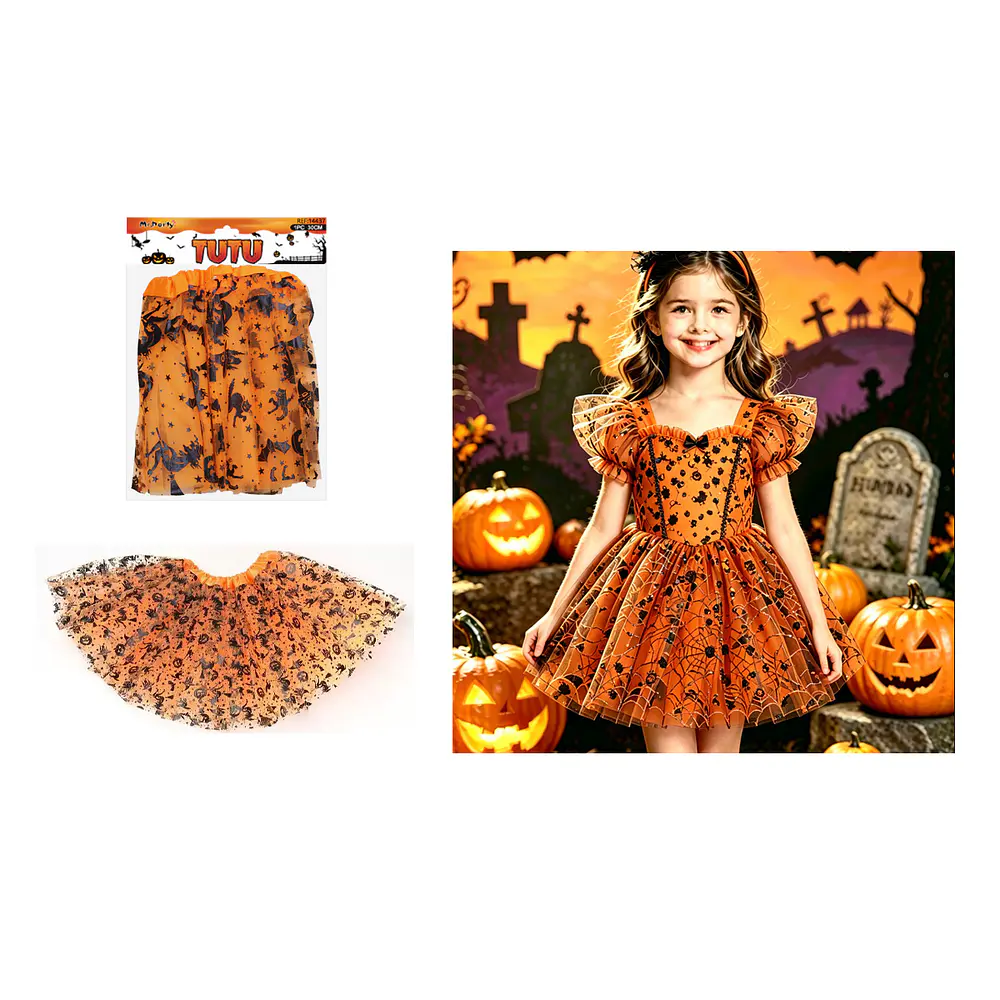 Falda tutú Halloween tul naranja con estampado de gatos y murciélagos 30cm