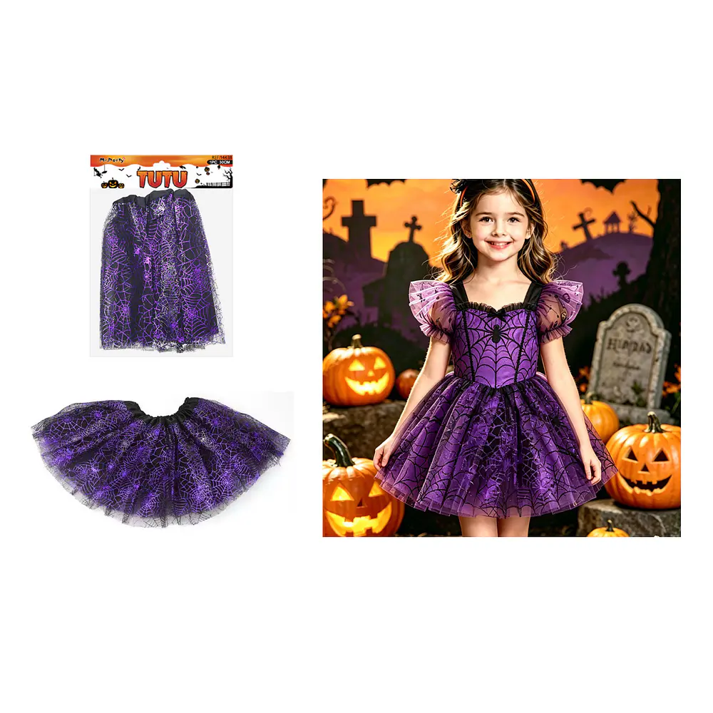 Falda tutú Halloween estampado de telaraña morada brillante 30cm