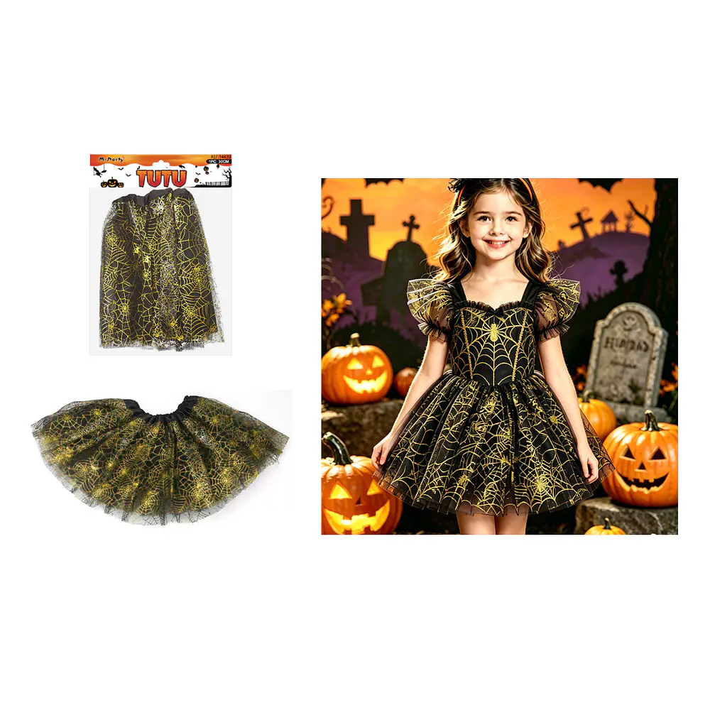 Falda tutú Halloween estampado de telaraña dorada brillante 30cm