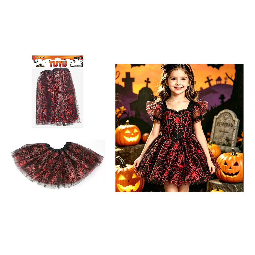 Falda tutú Halloween estampado de telaraña roja brillante 30cm