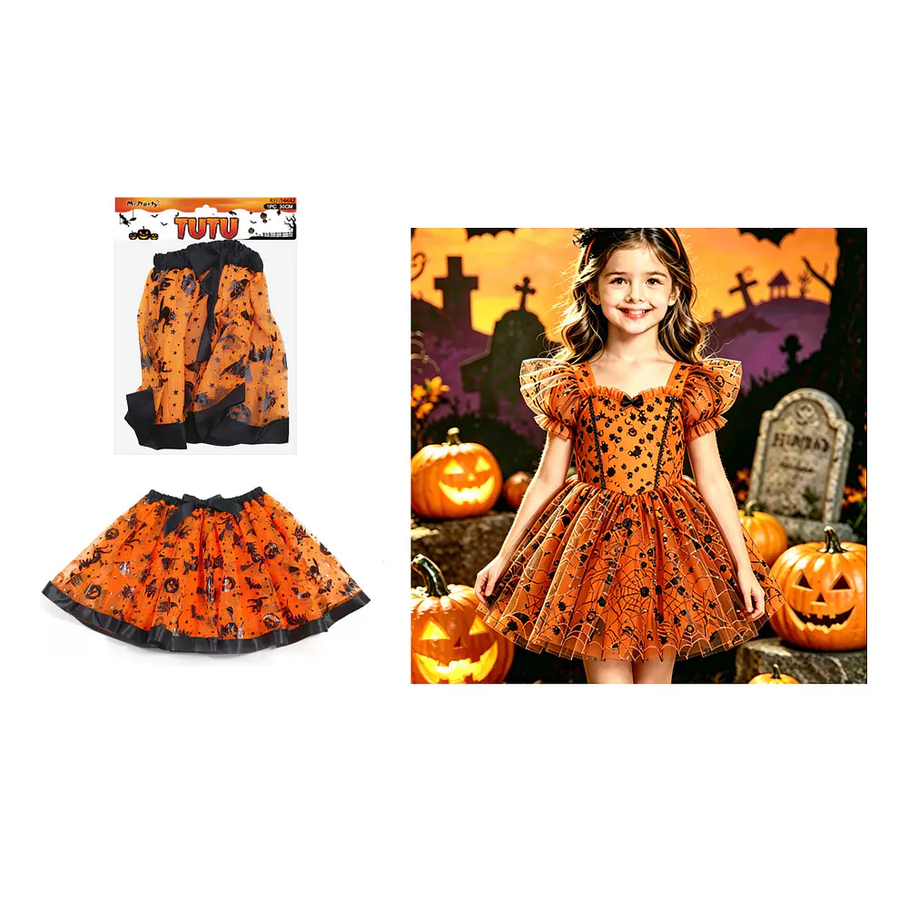 Falda tutú Halloween tul naranja negro de brujitas 30cm