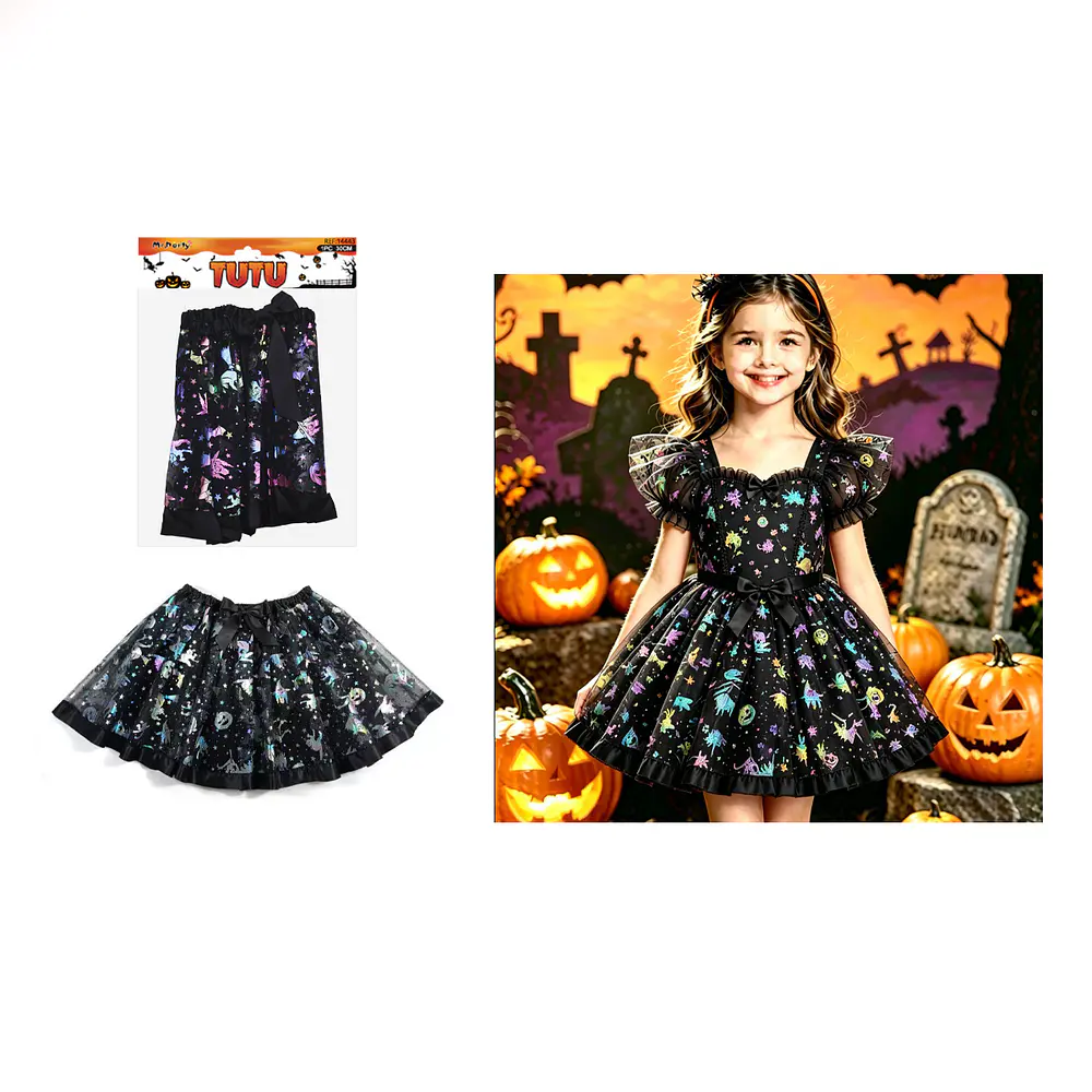 Falda tutú Halloween tul negro con figuras de colores 30cm