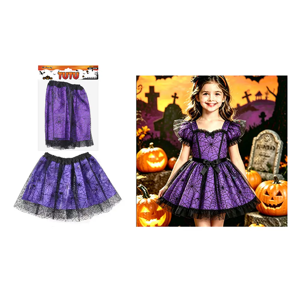 Falda tutú Halloween tul morado con telarañas negras 30cm