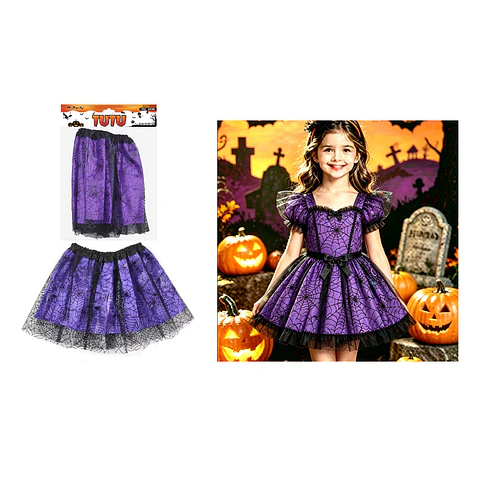 Falda tutú Halloween tul morado con telarañas negras 30cm