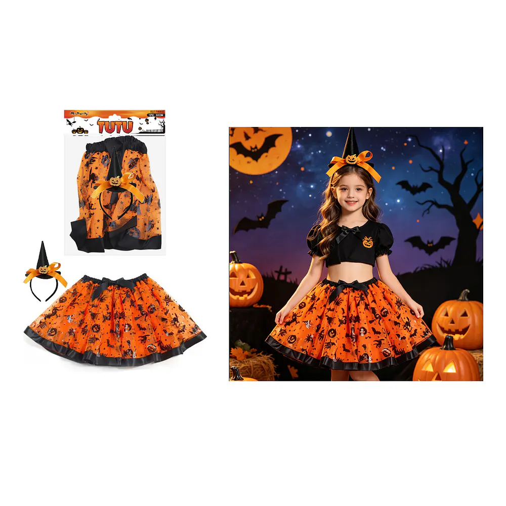 Set de disfraz brujita con tutú y sombrero con lazo 2pcs