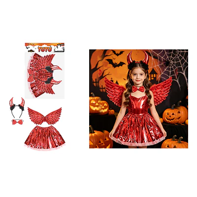 Set de disfraz diablita metálico con tutú, alas, cintillo y corbatín 4pcs