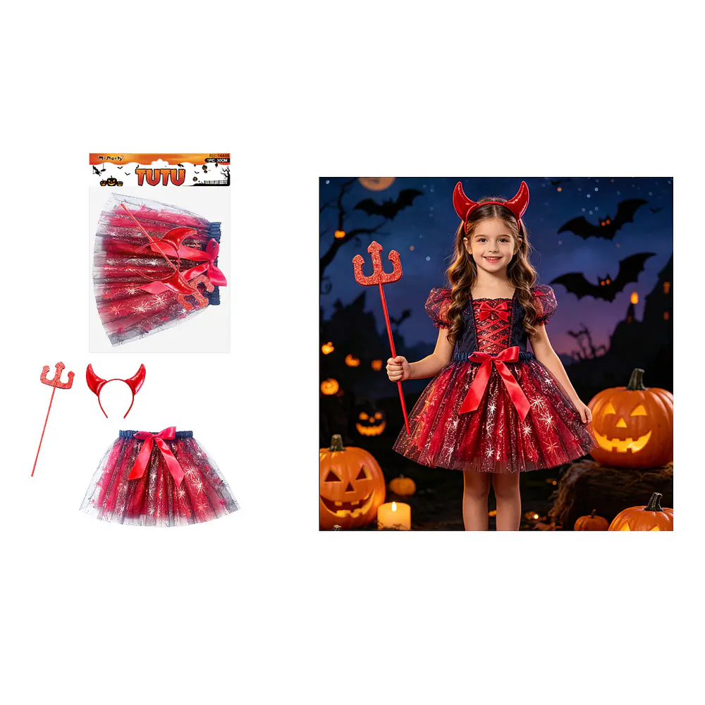 Set de disfraz diablita con tutú, cintillo y tridente 3pcs