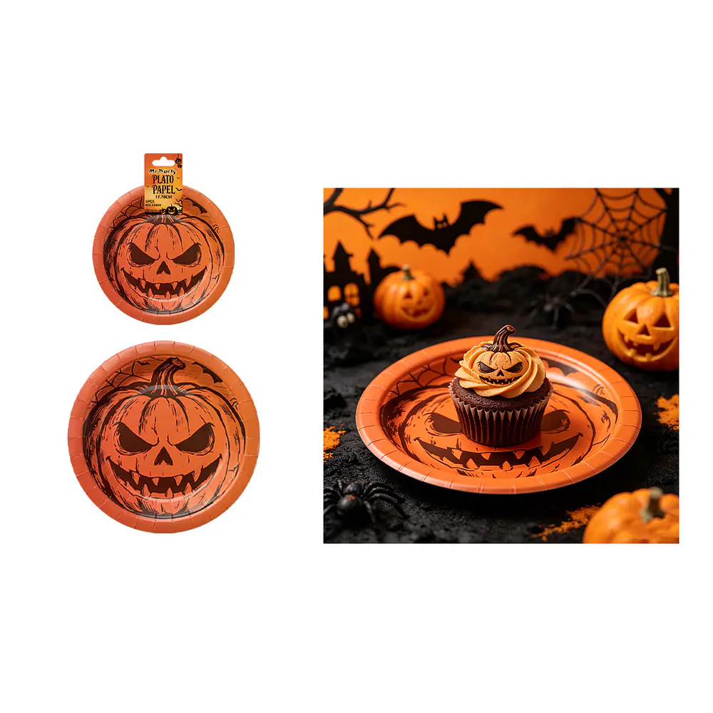Set de platos de papel Halloween calabaza terrorífica 17.78cm 6pcs