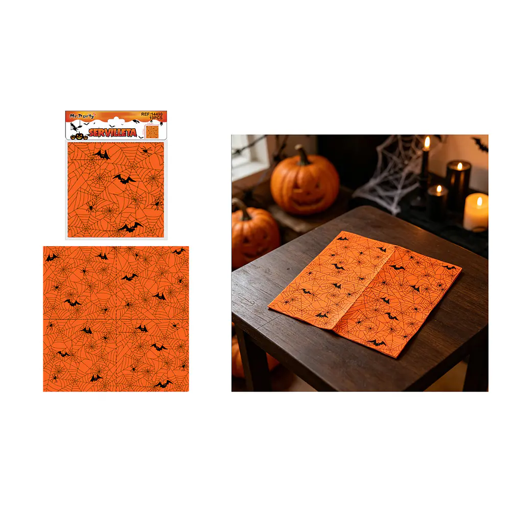 Set de servilletas de papel Halloween telarañas y murciélagos naranjas 33cm 10pcs