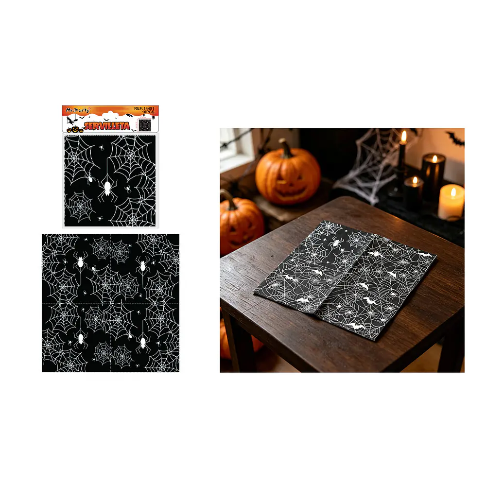 Set de servilletas de papel Halloween telarañas y arañas negras 33cm 10pcs